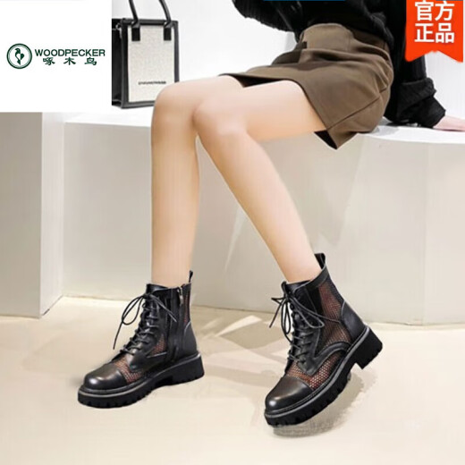 Woodpecker brand high-end mesh Martin boots for women 2025 summer breathable thin hollow short boots British thick sole mesh single boots black 38