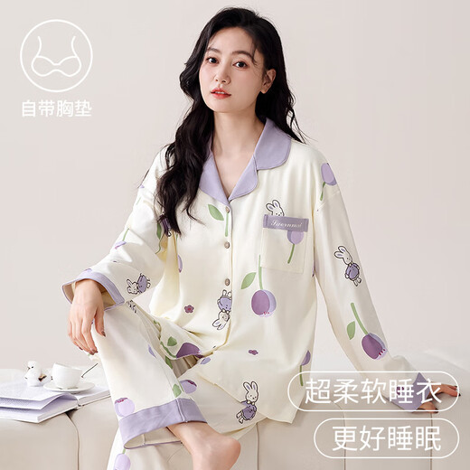 
Catman (MiiOW) pajamas with breast pad for women pure cotton spring and autumn 2024 new thin long sleeves for outside sweet home clothing set LMSJ753 L