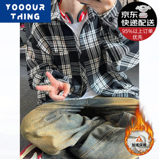 Yooourthing American Retro Plaid Room Мужская пружина с длинными рукавами, осенью и зима, а также бархатная утолщенная свободная пара универсальная повседневная рубашка куртка CJ9735-Yellow Plaid плюс бархат M (рекомендуется 90-110JIN [JIN равен 0,5 кг]))