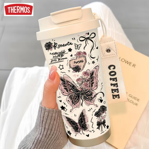 膳魔师（THERMOS）简约蝴蝶保温杯不锈钢便携双饮咖啡杯2025新款女吸管水杯子高颜值 BW1049暗粉蝴蝶A+配挂绳 陶瓷内胆