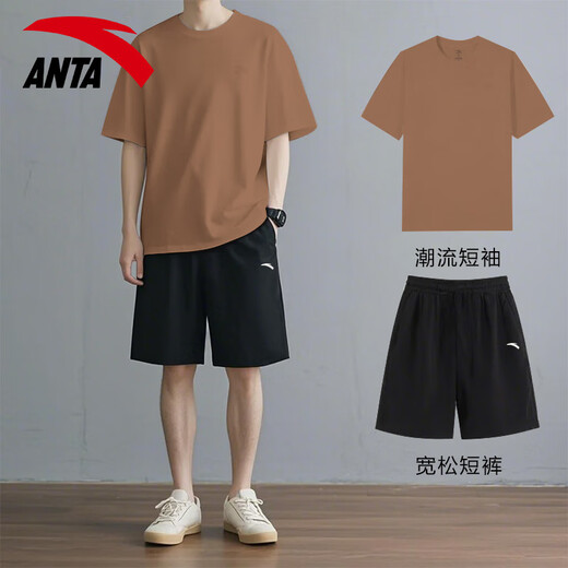 安踏休闲运动套装男夏季新款纯棉短袖T恤短裤宽松运动服青少年两件套 【套装】-1纯净白 L/175