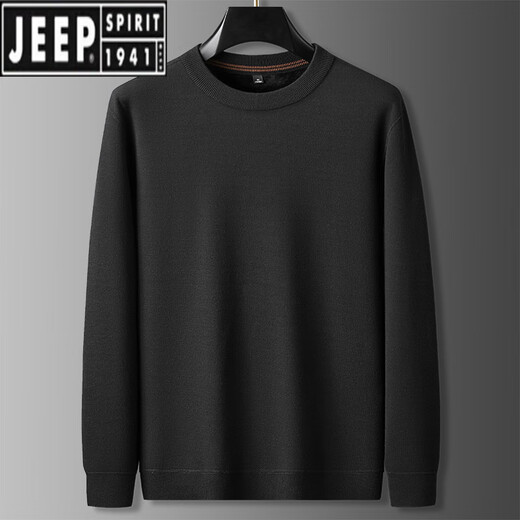 JEEP SPIRIT秋冬加厚加绒大码男士针织毛衣加肥加大圆领套头毛线衣保暖打底衫 黑色 L (建议130-150斤)
