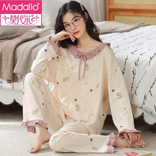 Pajama modal para mujeres en primavera y otoño algodón puro de algodón largo ropa casera de manga larga, juego de ropa casera casual de estilo de princesa dulce de toda la altura, se puede usar fuera de Z28yM753 m recomendado [80-100Jin [Jin equivale a 0.5 kg]]