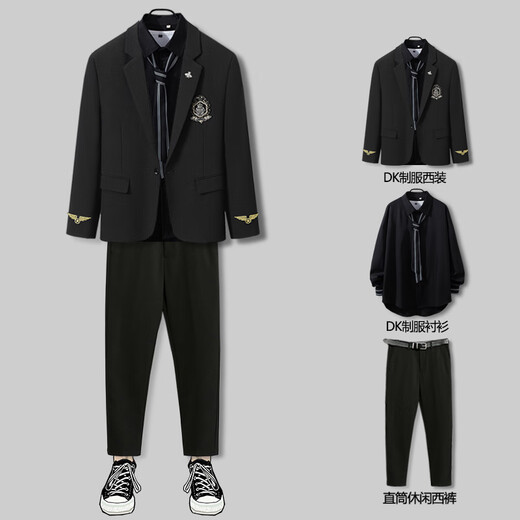 Fanqi Teenager High School -Schüler Kleidanzug 2023 Herbst- und Winterstil Casual Herrenanzug College -Stil JK Jacke [3 Stück] Schwarzer Anzug + weißes Hemd + schwarze Hosen m