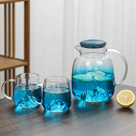 Su's ceramic high borosilicate glass large capacity cold water kettle, juice kettle, cold water cup, glass cup, mountain kettle, gradient blue, one pot, four cups