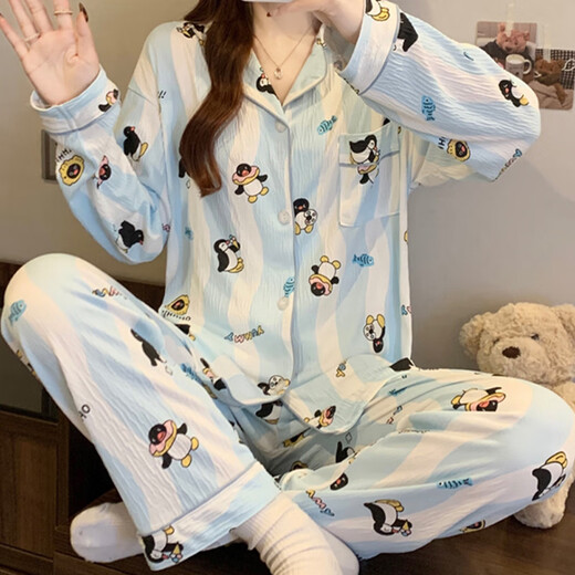 S.Sofea Little Penguin Wavy Stripe Langarm Pyjamas Frauen können Hauskleidung für Hauskleidung für den Frühlingsstil im Freien tragen.