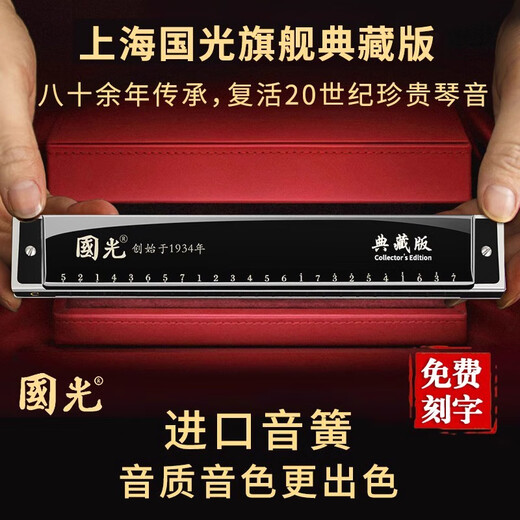 国光进口音簧国光28孔口琴重音复音C调高级成人初学入门专业演奏口琴 典藏版24孔亮黑色重音【音标款】