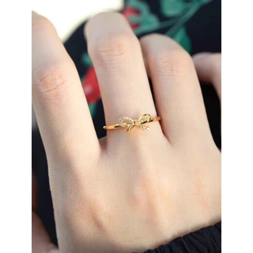 Yingtang Old Phoenix Gold Small Bow Ring 999 Pure Gold Inlaid with Diamonds Fugitive Princess Ring Female Live Mouth 18K Gold Tail Ring Diamond Ring Lao Fengxiang Same Style