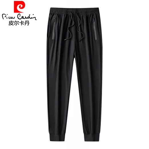 Pier Cardan high elastic ice silk pants men's summer thin casual trousers zipper pocket breathable quick-drying plus size sports pants Black 9922 flat feet trousers L 95-110Jin [Jin equals 0.5 kg]