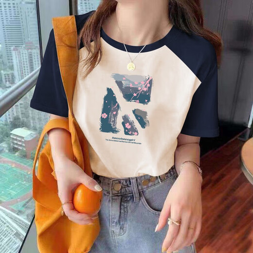 GTYUWVG撞色插肩女士短袖t恤韩版纯棉宽松2025新款圆领正肩港味chic上衣 1585杏色/宝蓝插肩款短袖粉色印 S