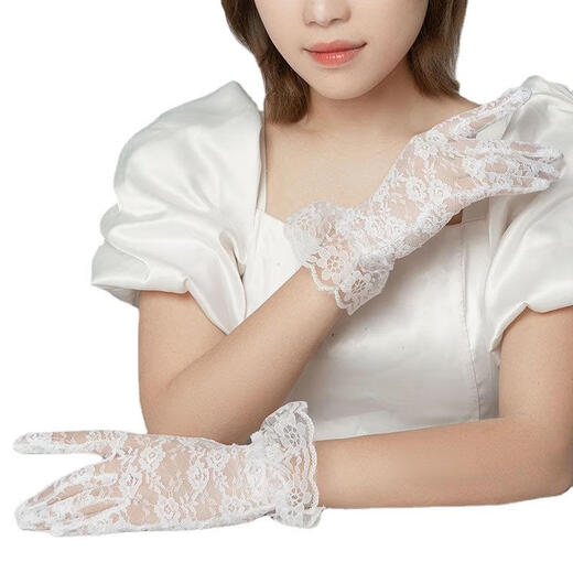 婉诗妃春夏季开车防晒蕾丝手套女士短款薄款婚纱新娘白色礼仪手套黑红色 红色