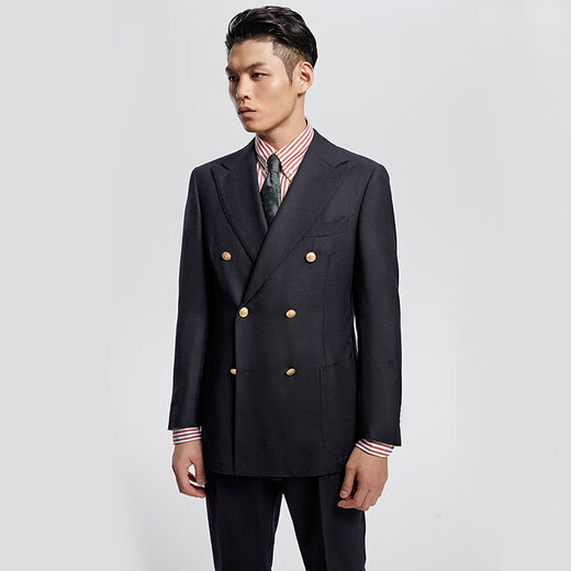 By Creations柏品法兰绒纯羊毛单西服男士布雷泽商务正装金属双排扣西装外套 黑色 48 (175/92A)