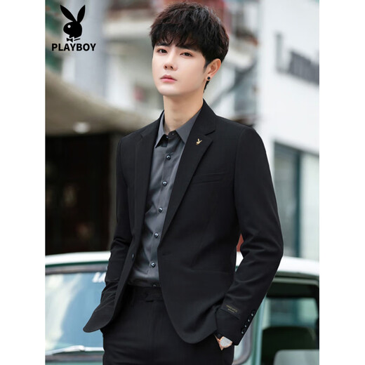 Playboy suit suit men's casual jacket spring and autumn business formal wear high-end groomsmen suit wedding suit suit for men black single suit 2XL 180 recommended 130-145 Jin Jin equals 0.5 kg