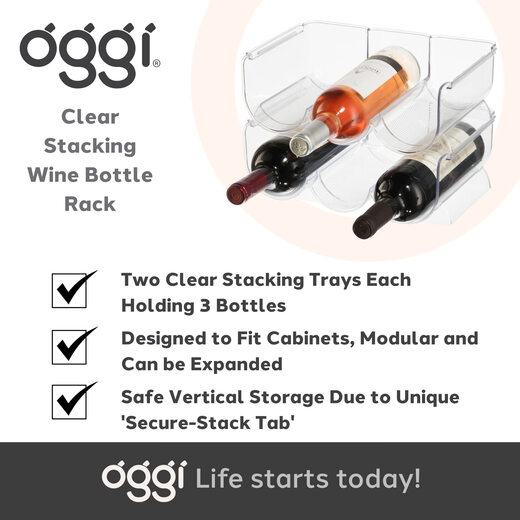 OGGI Transparent Stackable Wine Rack 6-Bottle Kitchen Cabinet Refrigerator Storage Safe Stacking Label Plastic Material 2-Pack