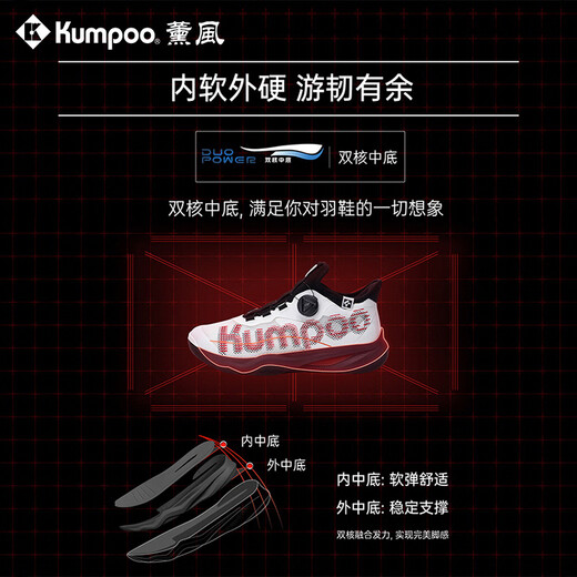 Xunfeng (KUMPOO) Xunfeng Badminton Shoes Xunfeng Houyi Pro badminton shoes Men's badminton shoes Women's badminton shoes Xunfeng Houyi PRO KH-G826S White/Red/Black buttons 43