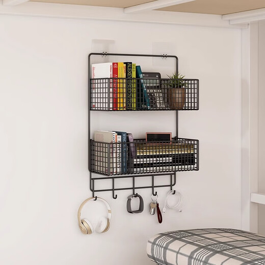 
Nifeng dormitory punch-free wall storage rack bathroom Internet celebrity storage artifact bedroom bedside wall bookshelf wall-mounted black single-layer medium size - ordinary style