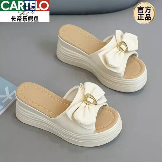 卡帝乐鳄鱼（CARTELO）高跟拖鞋女夏厚底外穿时尚仙女风坡跟一字拖百搭蝴蝶结松糕凉拖鞋 黑色 37