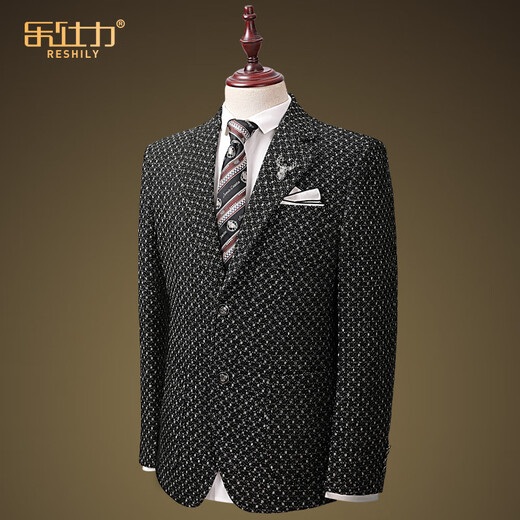 RESHILY wool suit jacket men's casual suit spring and autumn handsome trendy single Western Korean style slim pattern fabric, black and gray grid, single suit 185/XXL/54 (weight 150-160 Jin [Jin equals 0.5 kg])