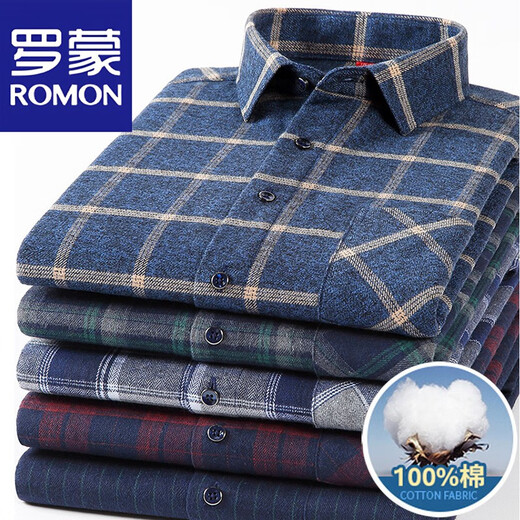 罗蒙（ROMON）春秋季纯棉男士长袖衬衫100%全棉长袖格子衬衣大码中年上衣爸爸装 863 43 建议155-170斤
