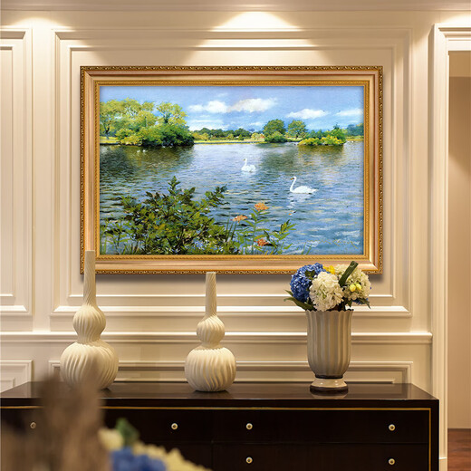 Impresionista Swan Lake Landscape pintada al aceite pintada a mano de estilo europeo Entrada de entrada Decoración Decoración de dormitorios Decoración de la sala de estar Decoración 692 MARCO DE MADERA DE ORO 80X60