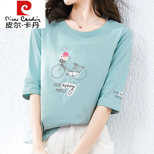 Pierre Cardin Algodón Camiseta de manga media de algodón para mujeres 2025 Spring y verano Nuevo manga de tres cuartos camiseta de manga corta Spring y Autumn Top 1xs328 White + W6172 Ice Blue M 80-105Jin [Jin equivale a 0.5 kg]
