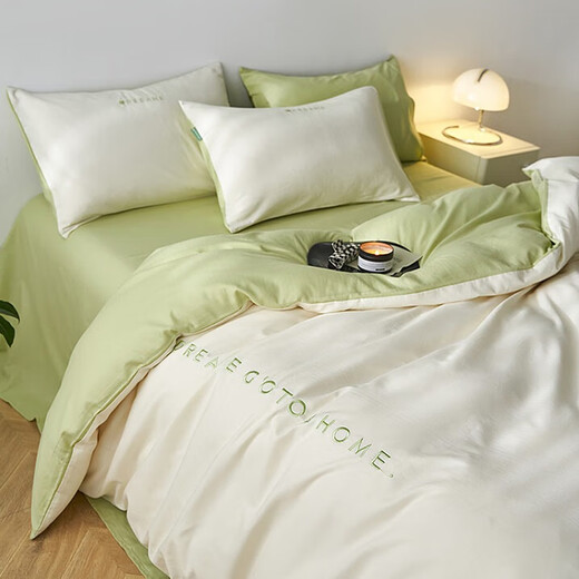 Moshou Home Textile Vierteilige Set Lang niedrige Baumwolle Vollte Baumwolle Jacquard Einfache Wäsche Baumwolle reines Baumwollbettbettbetten Qianduosen-Milan White Wood Fruit Grüne 1,8 Meter