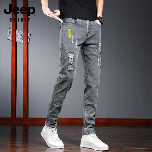 JEEP SPIRIT吉普破洞牛仔裤男士夏季薄款弹力修身小脚时尚潮流痞帅休闲长裤子 6636灰色【1条装】 29 【腰围2尺2】