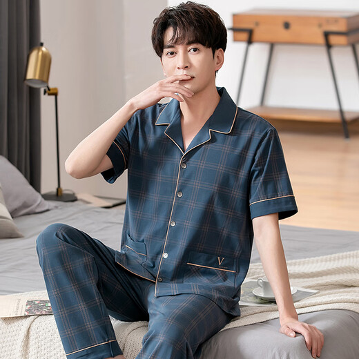 莫代尔睡衣男夏季纯棉短袖长裤男士薄款夏天大码半袖男款夏款家居服套装 9863深灰 XXL(180)：适合160-180斤穿着