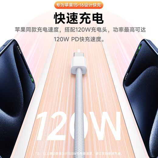 IMEV Apple 15/16/17 data cable 2 meters PD120W adapted to the original USB-C dual Type-c charging cable for fast charging iphone15/16Pro/17promax Air mobile phone Apple 15-17 braided cable original 120W-2 meter cable universal for Apple 15/16/17 full series