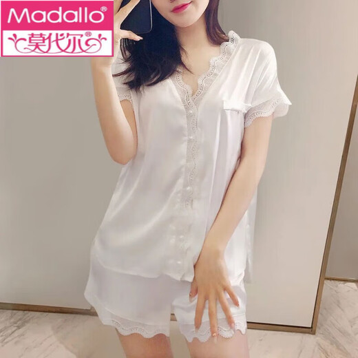 莫代尔睡衣女夏季冰丝短袖短裤薄款甜美可爱白色丝·绸夏天家居服两件套 短袖短裤-粉色 #9920 L (100-120斤)