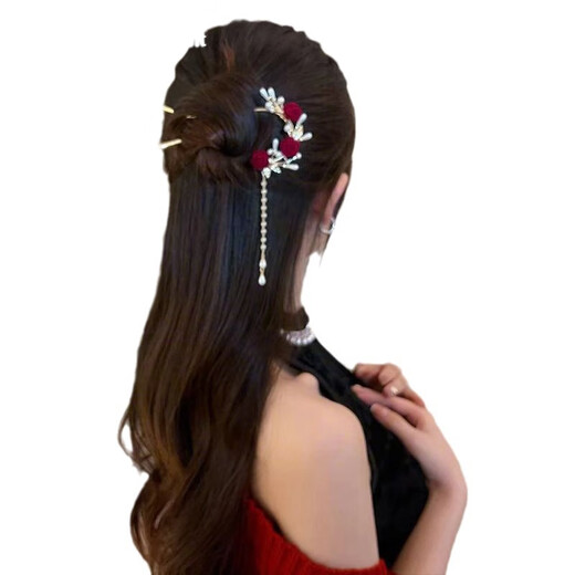 芠拉新款超仙红色玫瑰发簪新娘中式头饰U型簪子女流苏感发钗 三朵红玫-二齿A14-304