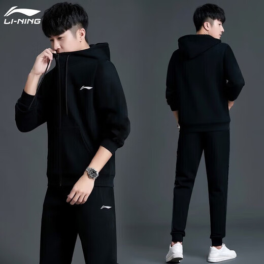 Li Ning (LI-NING) jacket men and women same hooded sweatshirt spring and autumn new couple top casual knitted cardigan sports jacket black (hooded jacket + hooded trousers) XL