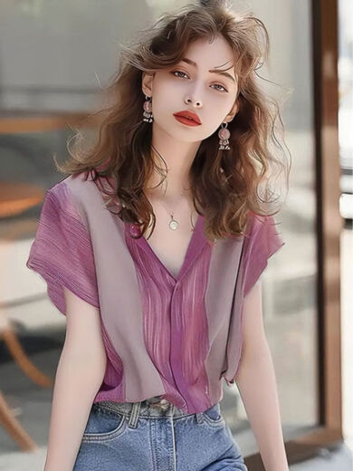 VDVFL女士上衣2024新款女夏洋气一点的法式紫色紫罗兰条纹拼接v领短袖 紫色 3892 XL