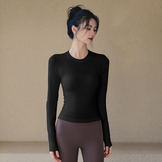 Yoga Girl Yoga Wear Women's Suit Highly Elastic Breathable Long Sleeve Running Fitness Pilates Tights Black Top + Dark Brown Pants M (95-115Jin Jin equals 0.5kg)