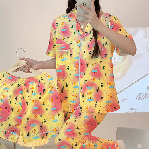 三件套睡衣女夏秋新款少女短袖彩色多巴胺印花宽松高颜值家居服 套KK14117红色 2XL【建议135-145斤】