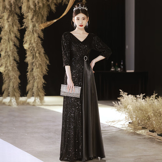 Li Baixin champagne color evening dress women's new high-end sense temperament light luxury niche high-end host sequined chorus performance clothing champagne color XL recommended 110-120Jin Jin equals 0.5 kg