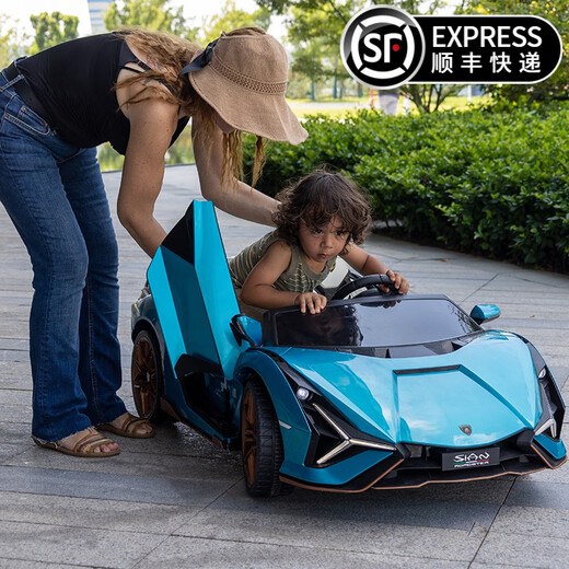 
Star Lulamborghini children's electric car four-wheeled car two-seater toy car can be seated for adults with remote control baby stroller. Painted blue four-wheel drive + MP4 LCD screen + 24V15AH leather seat + adult seat + soft wheel + remote control + swing