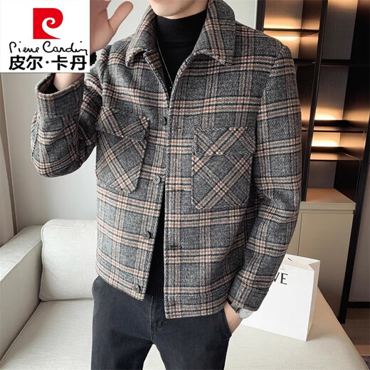 Pierre Cardin Cardin haut de gamme Plaid en laine de veste en laine courte masculine Men de laine à printemps et automne nouvelle veste de revers décontractée hommes 5815 kaki xl [121-140jin [Jin est égal à 0,5 kg]]]