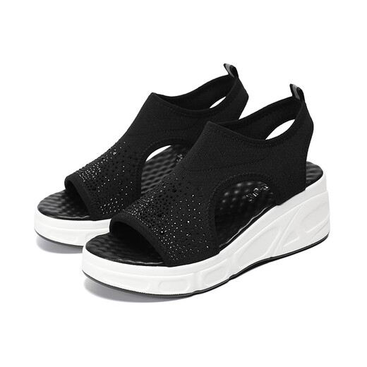 ZVEUZEK松糕厚底坡跟凉鞋新款休闲夏季水钻鱼嘴商场同款轻底防滑飞织女鞋 黑色882-1 35