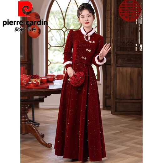 Pierre Cardin Official New Chinese Style Toast Wear 2025 New Bride Autumn and Winter Wedding Red Engagement Dress Skirt Women Winter Plus Velvet Burgundy Flagship Model-Flagship Model M Flagship Model-Flagship Model
