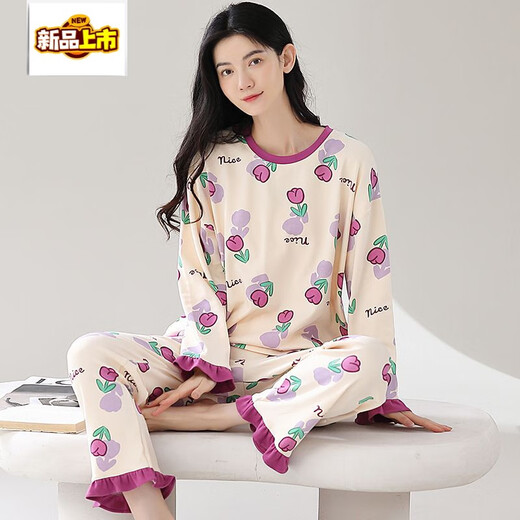MIDNITE STAR pure cotton pajamas for women spring and autumn long sleeves internet celebrity round neck autumn sweet home clothes cotton set YSH-long sleeves set #1289 M double-sided pure cotton/suggested 80-100Jin [Jin equals 0.5 kg]