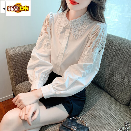 NJSKAKW刺绣棉衬衫女2025年秋装新款时尚绣花白色衬衣宽松百搭长袖上 cy9227 黑色 S  议75-95斤