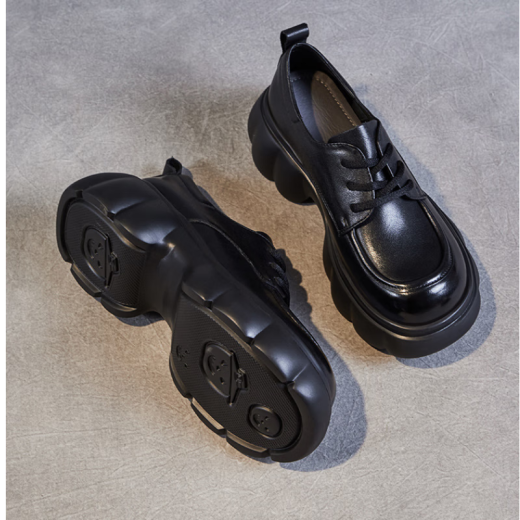 SGPX loafers for women spring new beige cowhide lace platform sole British style versatile deep mouth single shoes black 6CM36