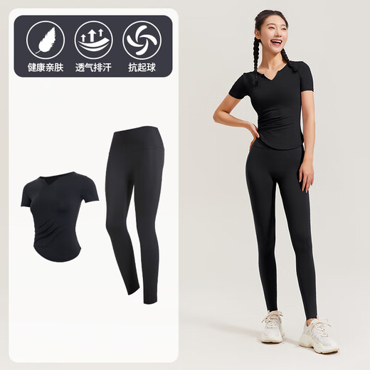 Fanstick Sports Suit Women's Spring and Summer Tights Running Fitness Wear Slimming Pilates Yoga Wear Black Short-Sleeved Two-piece Set M (Recommended 95-105 Jin Jin equals 0.5 kg)