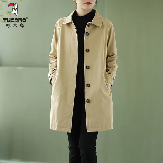 Woodpecker Washed Pure Cotton Windbreaker Women's Medium Long Korean Style Large D Size Loose Cape Coat Spring and Autumn Slim Thin Jacket Khaki XL Recommended 125--135Jin Jin is equal to 0.5 kg