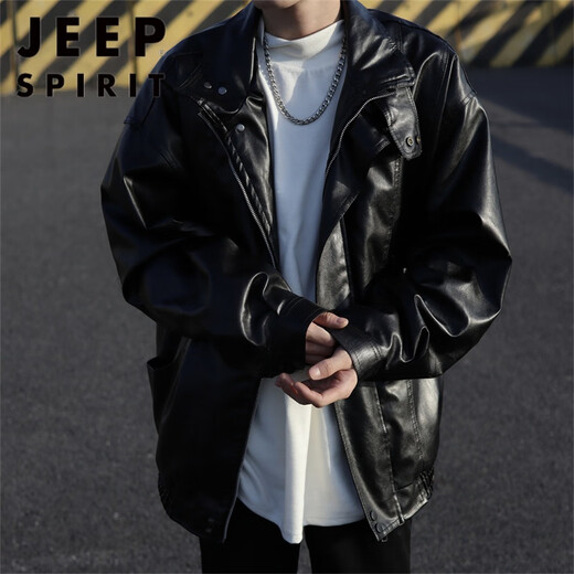 JEEP SPIRIT美式复古机车皮衣外套男春秋季新款街头痞帅ins潮高级感皮夹克 W9227黑色 L