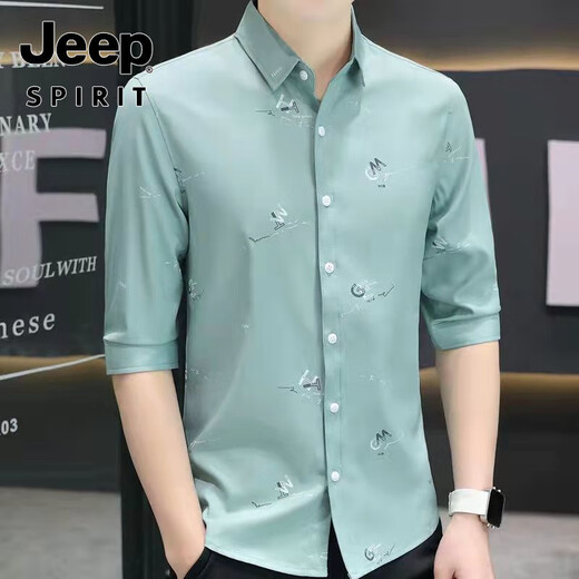 JEEP SPIRIT美式高端新款夏季弹力冰丝七分袖衬衫抗皱免烫薄款男士中袖衬衣潮 682-白色 M 80斤-100斤