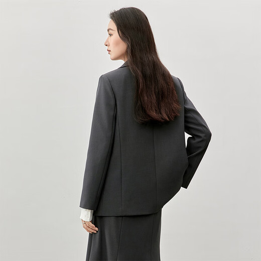 Shandubila 2025 Spring and Autumn Blazer Feminine Commuting One-Button Metal Label Fake Pocket Suit Dark Gray S