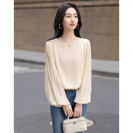 Demana Gentle Everyday Spring Cream Grainy Beaded Chiffon Shirt Lantern Sleeve Lady's Shirt Women's Top