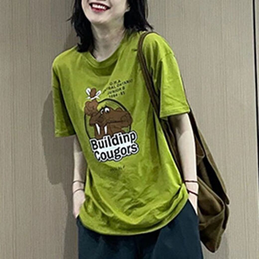 艾妃琳【679人收藏】牛油果绿纯棉显白短袖t恤女2025夏装新款宽松慵懒风 YM8464牛油果绿 (纯棉) S 105斤以下